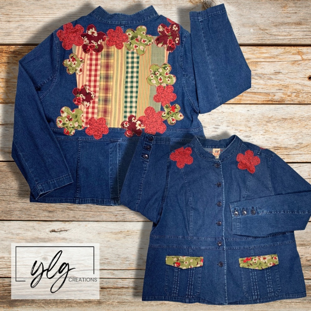 Denim Jacket Patchwork Autumn Flowers Appliqué Country Girl Western Boho